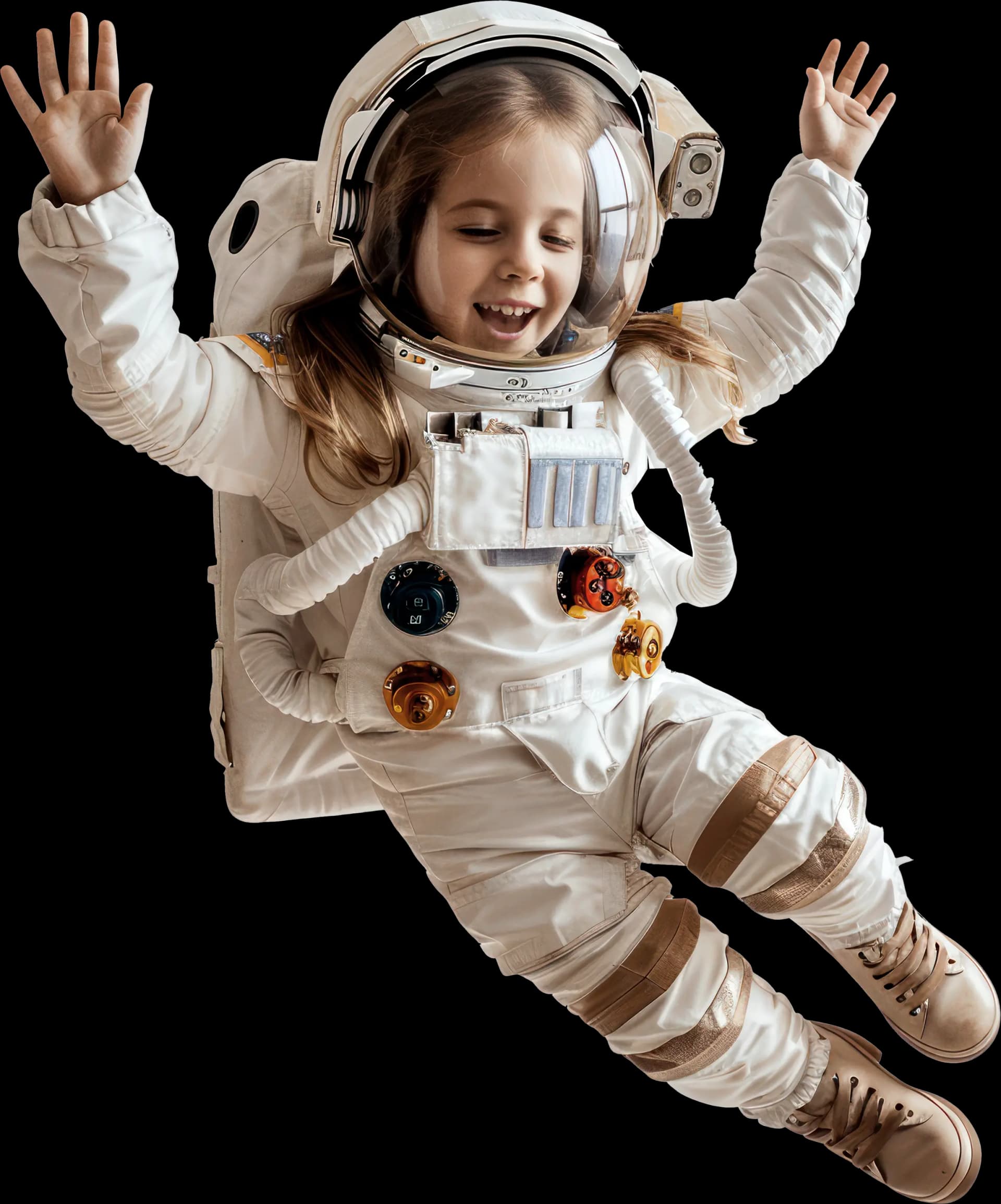 A joyful child floating in an astronaut suit, arms raised